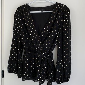 Beautiful low cut blouse, black and gold, with waist tie, lined